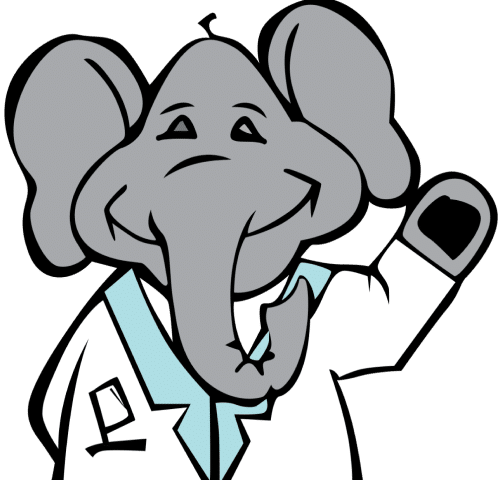 Cartoon elephant dentist in white coat waving, wearing stethoscope around neck.
